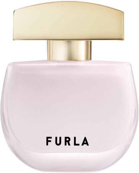 Rosa Furla-Parfümflakon mit goldfarbenem Deckel. Aufschrift: FURLA.