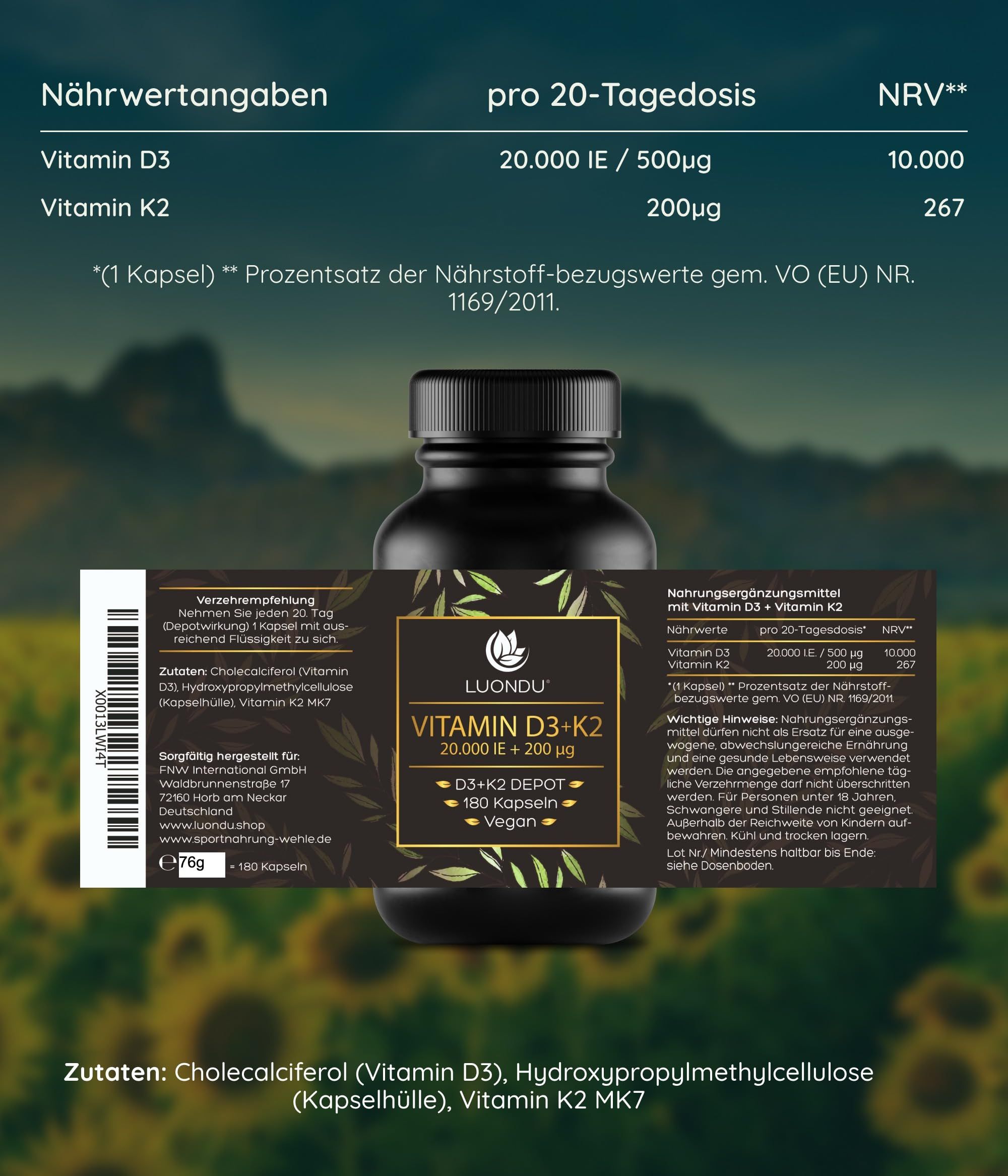 Luondu Vitamin D3+K2: Nährwertangaben und Inhaltsstoffe auf Etikett.