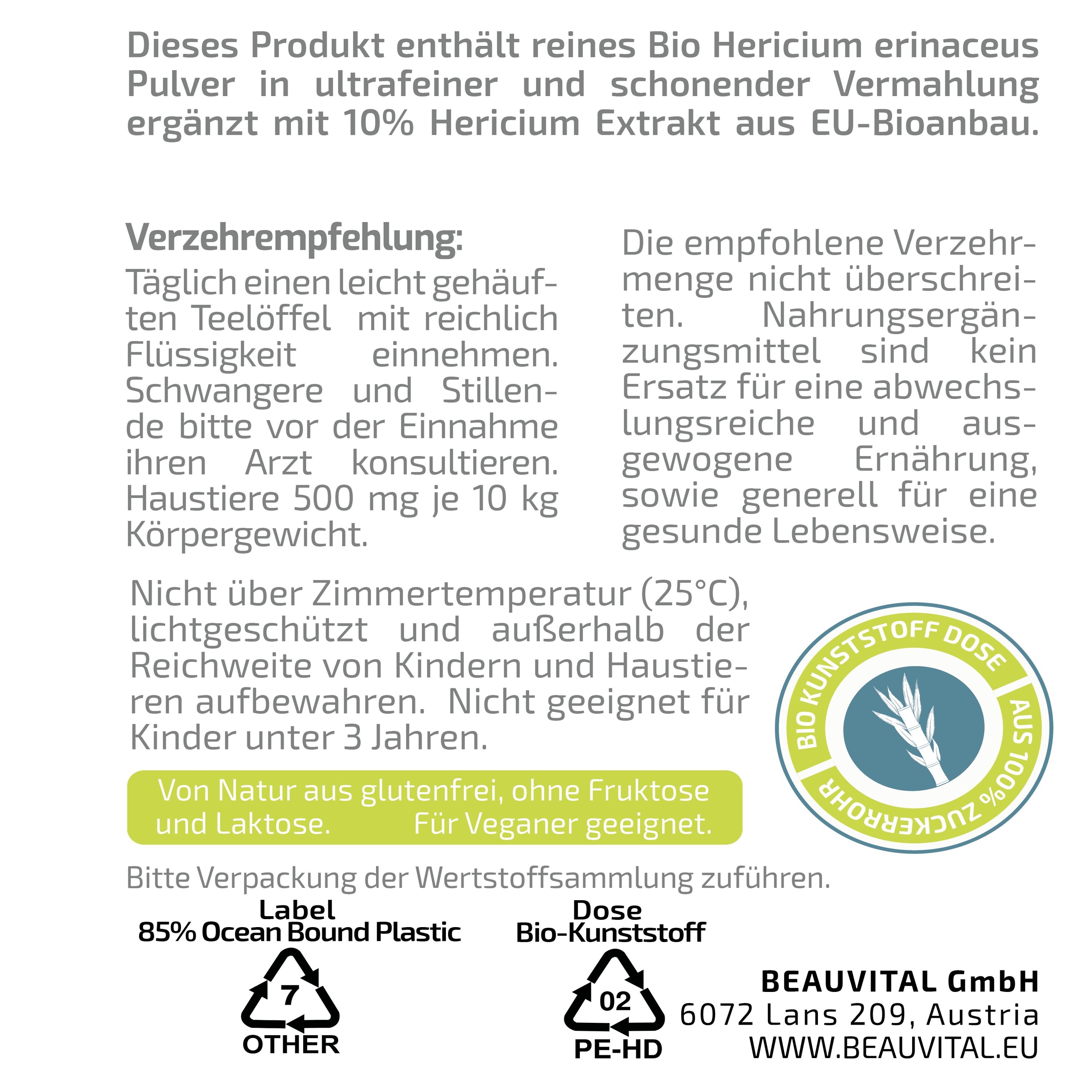 BEAUVITAL® Pure Bio Hericium Pulver mit 10% Lions Mane Extrakt