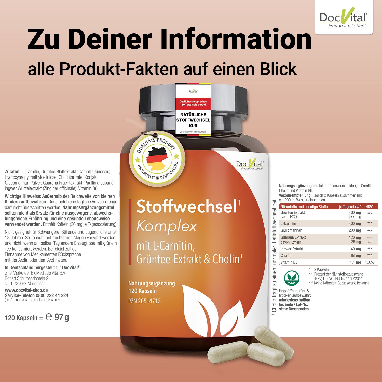 Braune Flasche mit Kapseln. Text: Stoffwechsel Komplex, L-Carnitin, Grüntee-Extrakt & Cholin. 120 Kapseln. Produktinformationen.