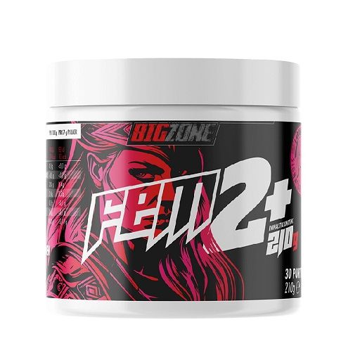 Behälter mit Aufschrift "BIG ZONE FEM2+". Schwarzes Etikett mit pinkfarbenem Design. Enthält 210g Pulver.
