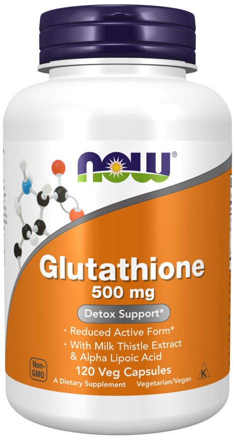 Weiße Flasche mit blauem Deckel. Aufkleber mit "NOW", "Glutathion 500 mg" und Inhaltsangaben. 120 Veg. Kapseln.