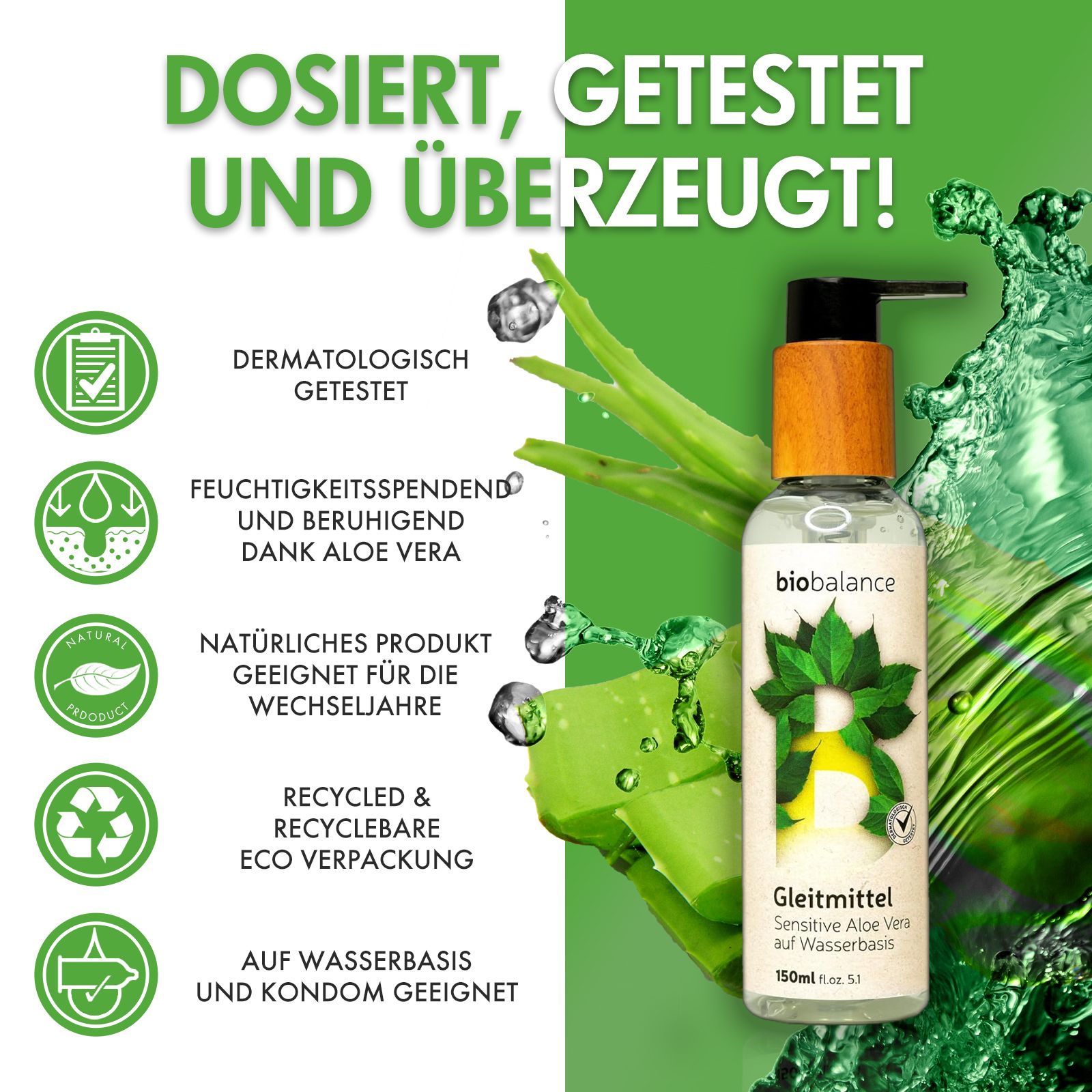 Gleitmittel-Flasche mit Holzdeckel und Pumpkopf. Text: Dosiert, getestet und überzeugt! Aloe Vera.