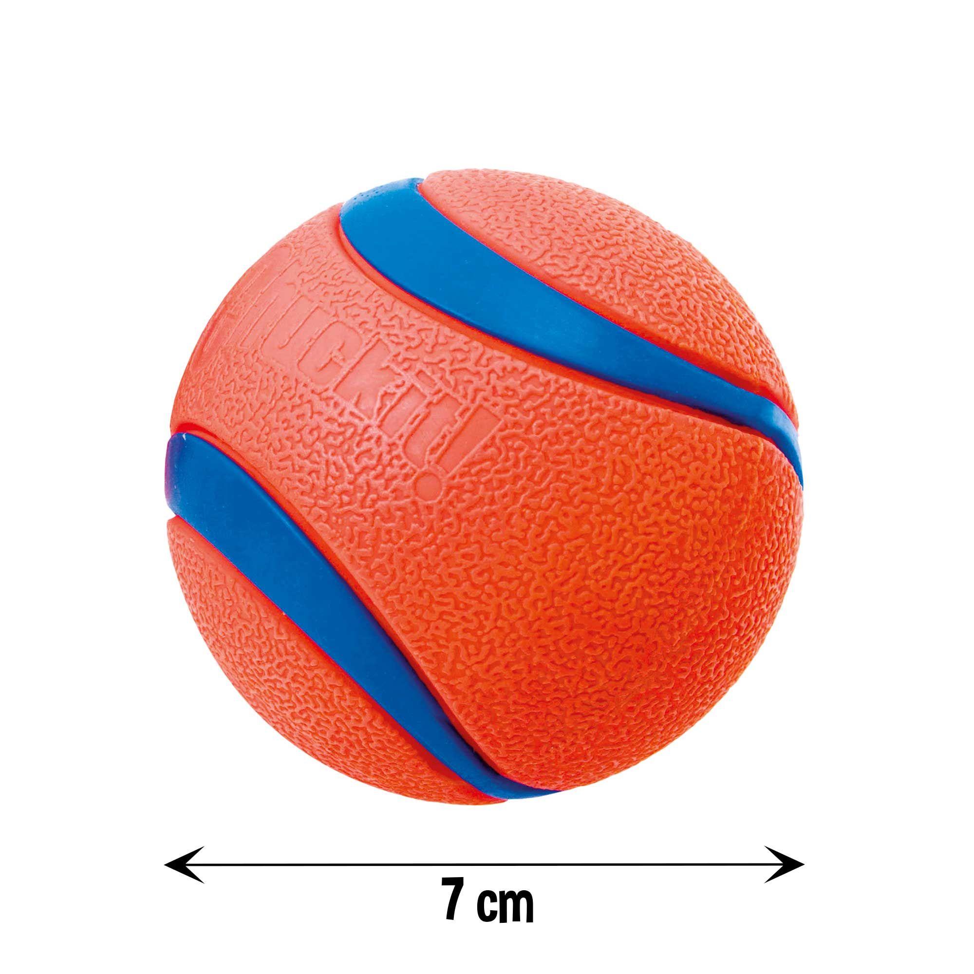 Oranger Hundeball mit blauen Streifen, 7 cm Durchmesser. Aufschrift: CHUCKIT!