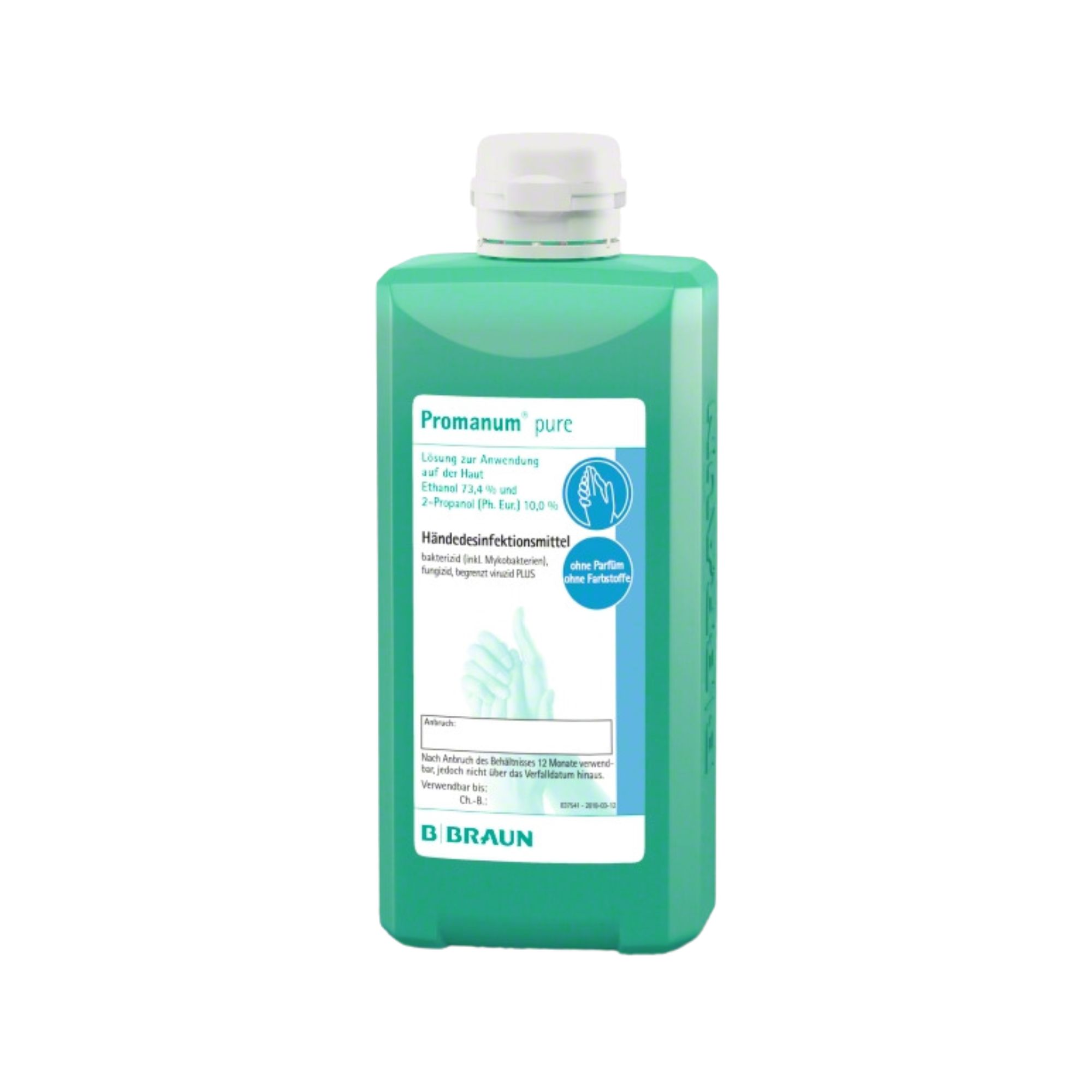 Grüne Flasche mit weißem Deckel. Aufkleber mit Produktnamen, Inhaltsstoffen und Logo von B. Braun.