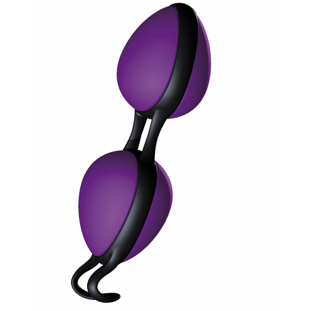 Violett-schwarze JOYBALLS secret. Zwei ovale Kugeln, verbunden durch einen schwarzen Steg. Schwarze Schlaufe.