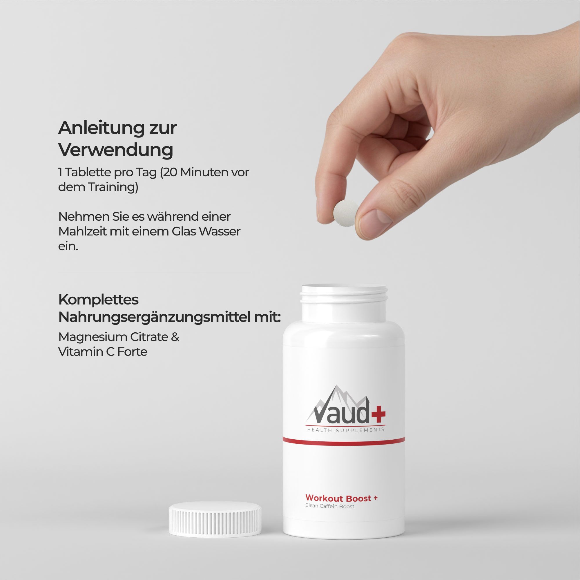 Hand hält Tablette über einer weißen Flasche. Text: Anleitung zur Verwendung. Nahrungsergänzungsmittel.