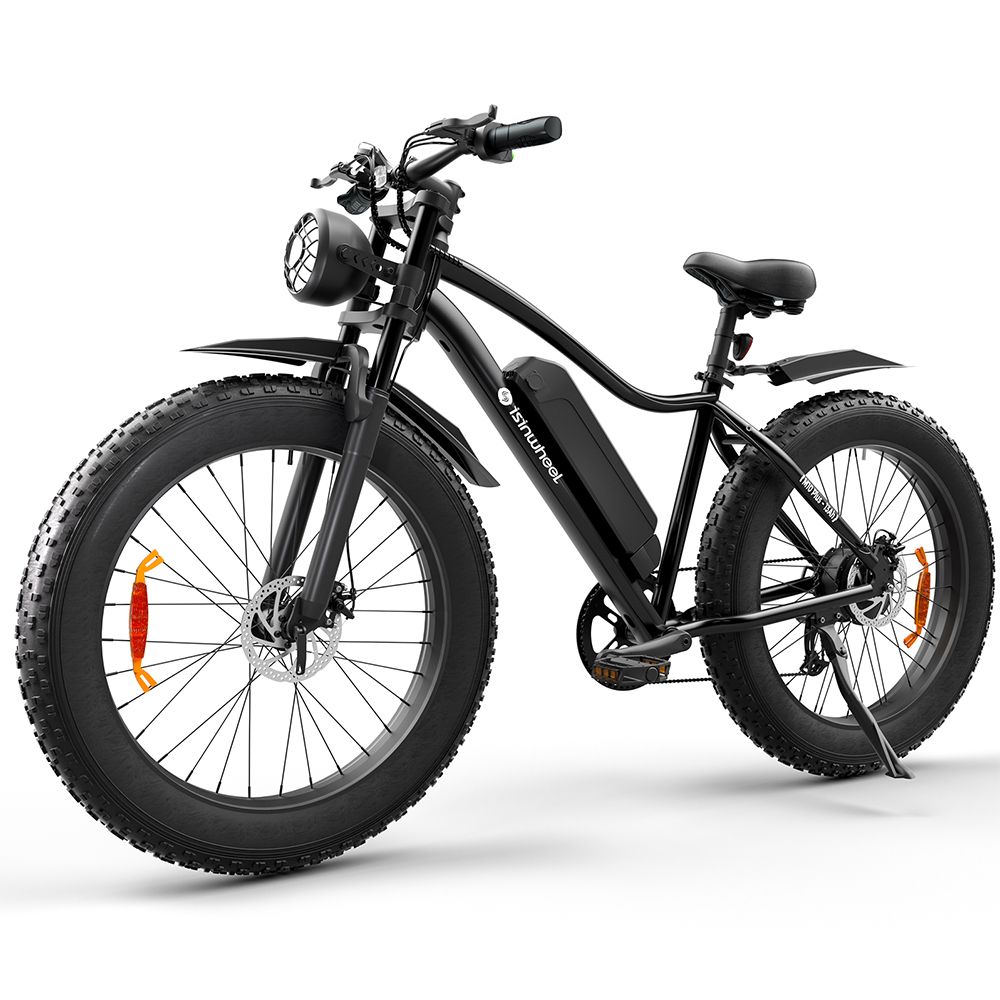 Schwarzes E-Bike mit breiten Reifen, Schutzblechen und Scheinwerfer. Marke: isinwheel.