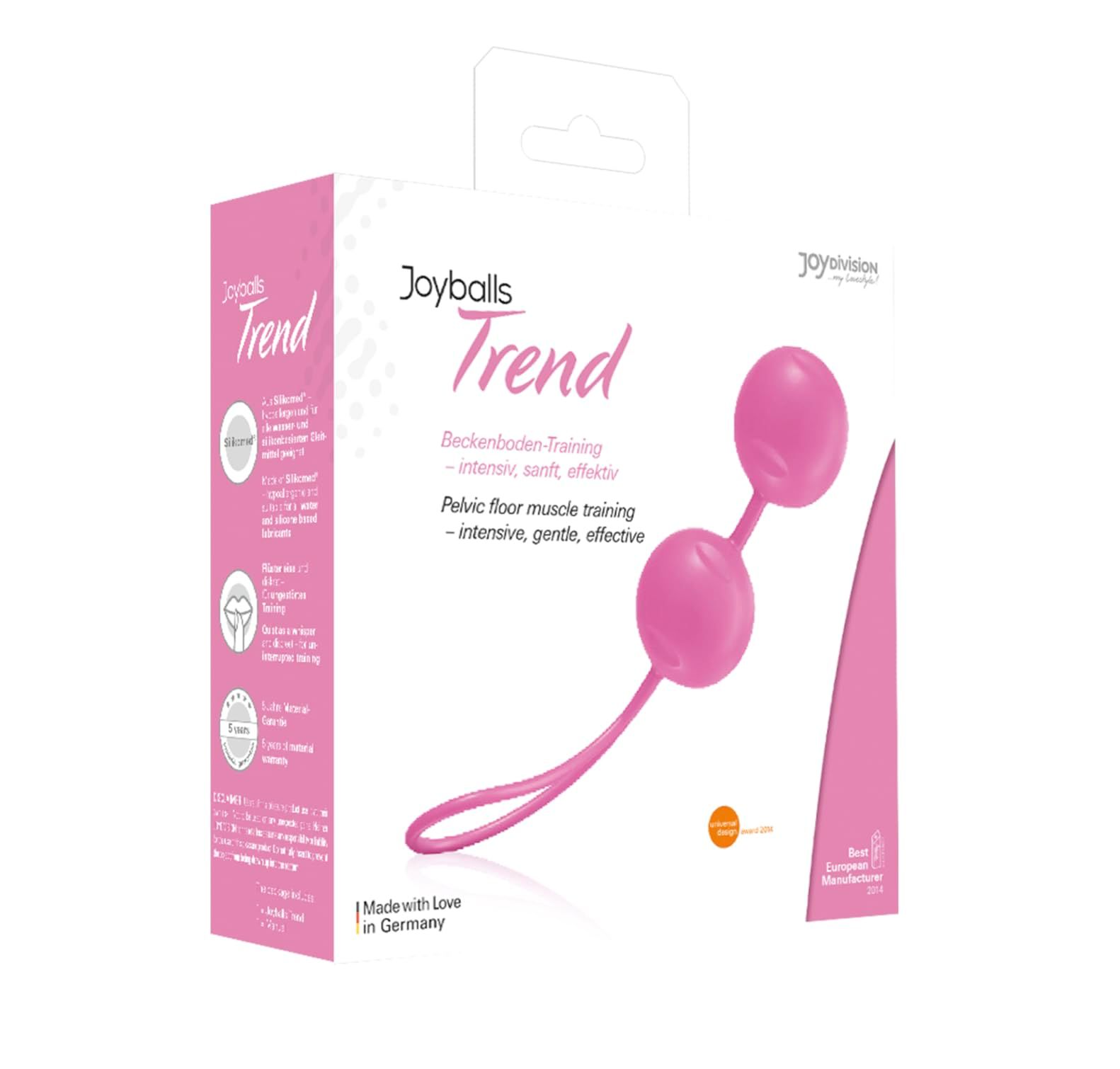 Verpackung für Joyballs Trend: Rosa Karton mit Produktabbildung und Text.