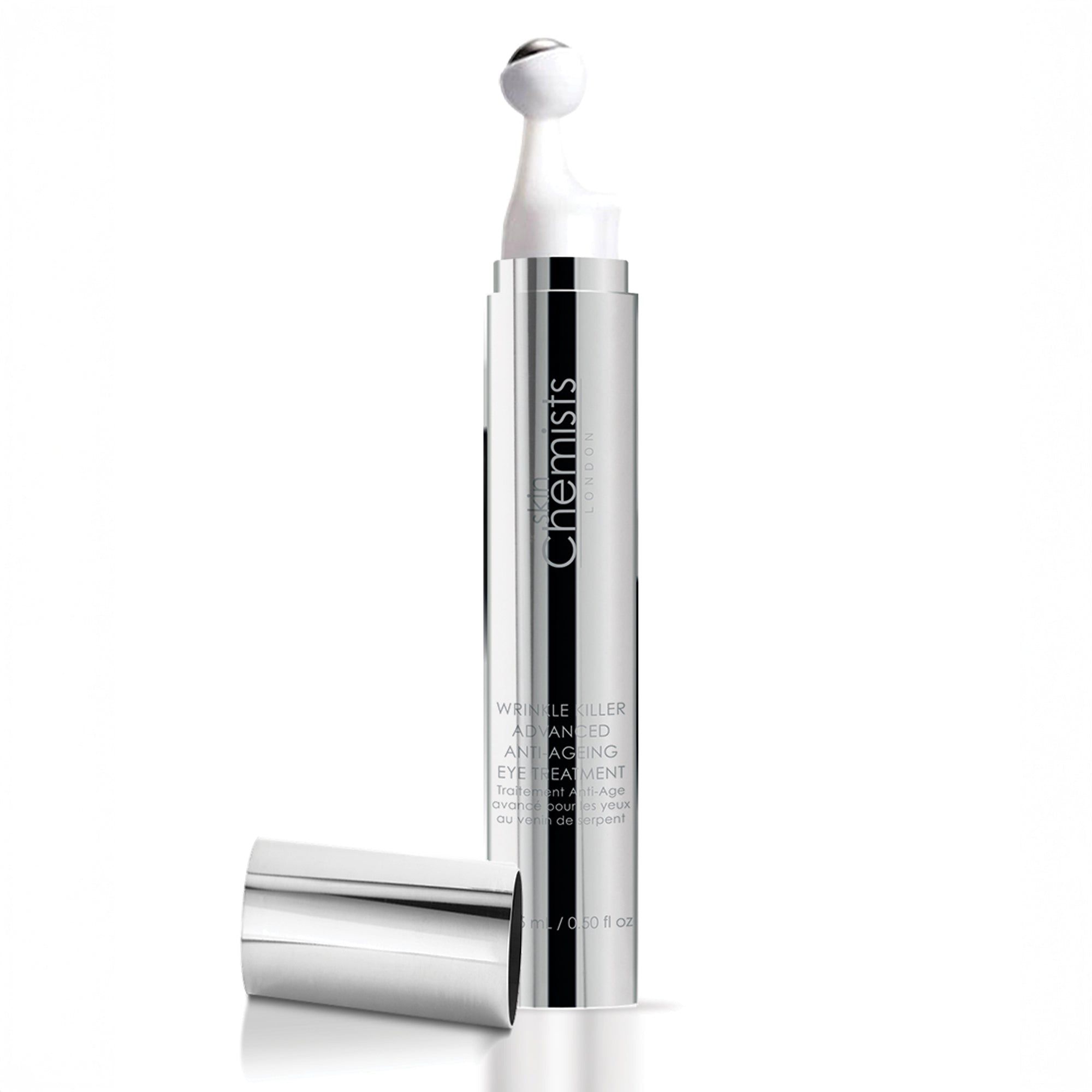 Silberne Augenserum-Flasche mit Roll-on-Applikator und separatem Deckel. Aufschrift: Chemists, Wrinkle Killer.