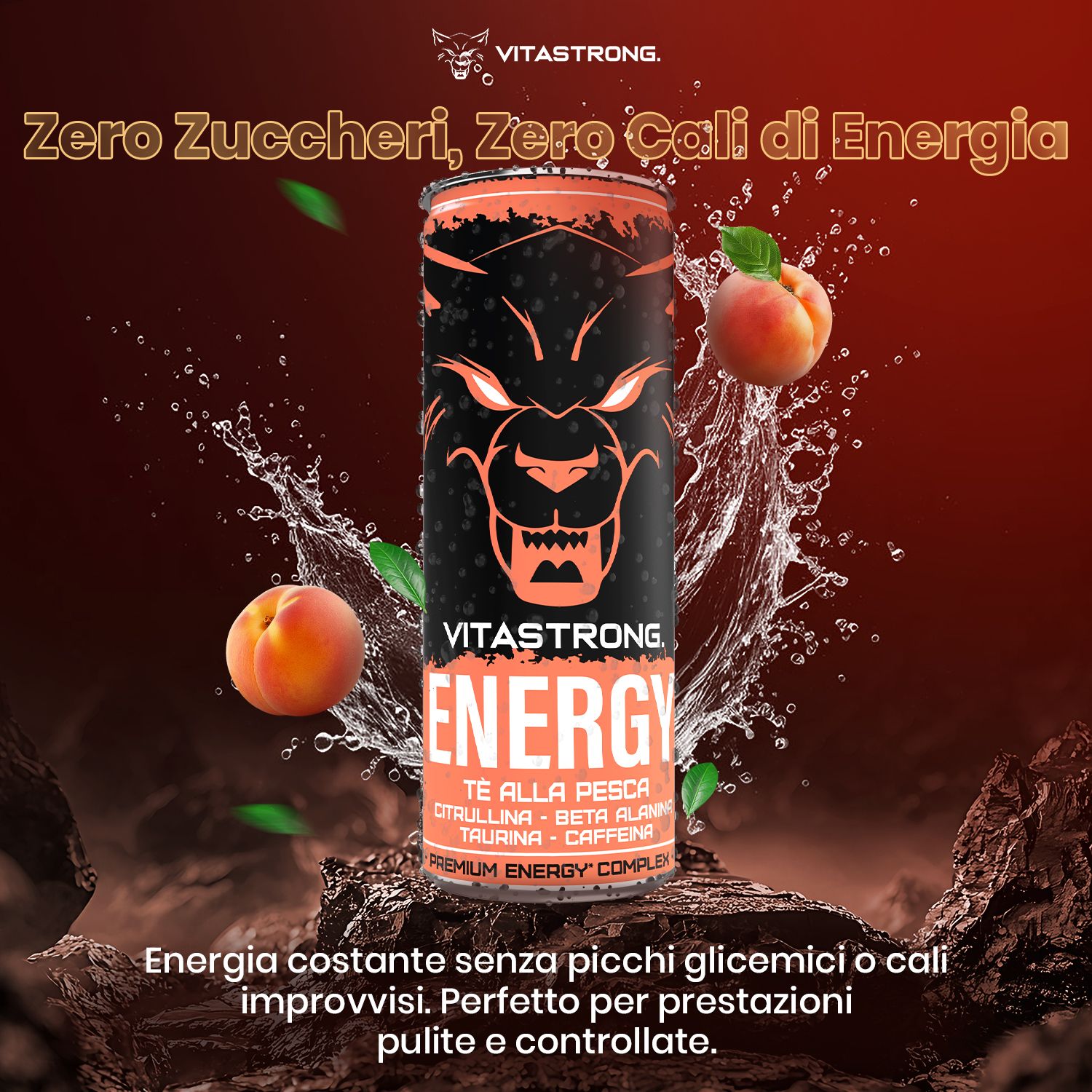 Vitastrong Energy Peach Tea Dose mit Pfirsichen und Wasser. Text: Zero Zucker, Energie, Citrullin, Taurin, Koffein.