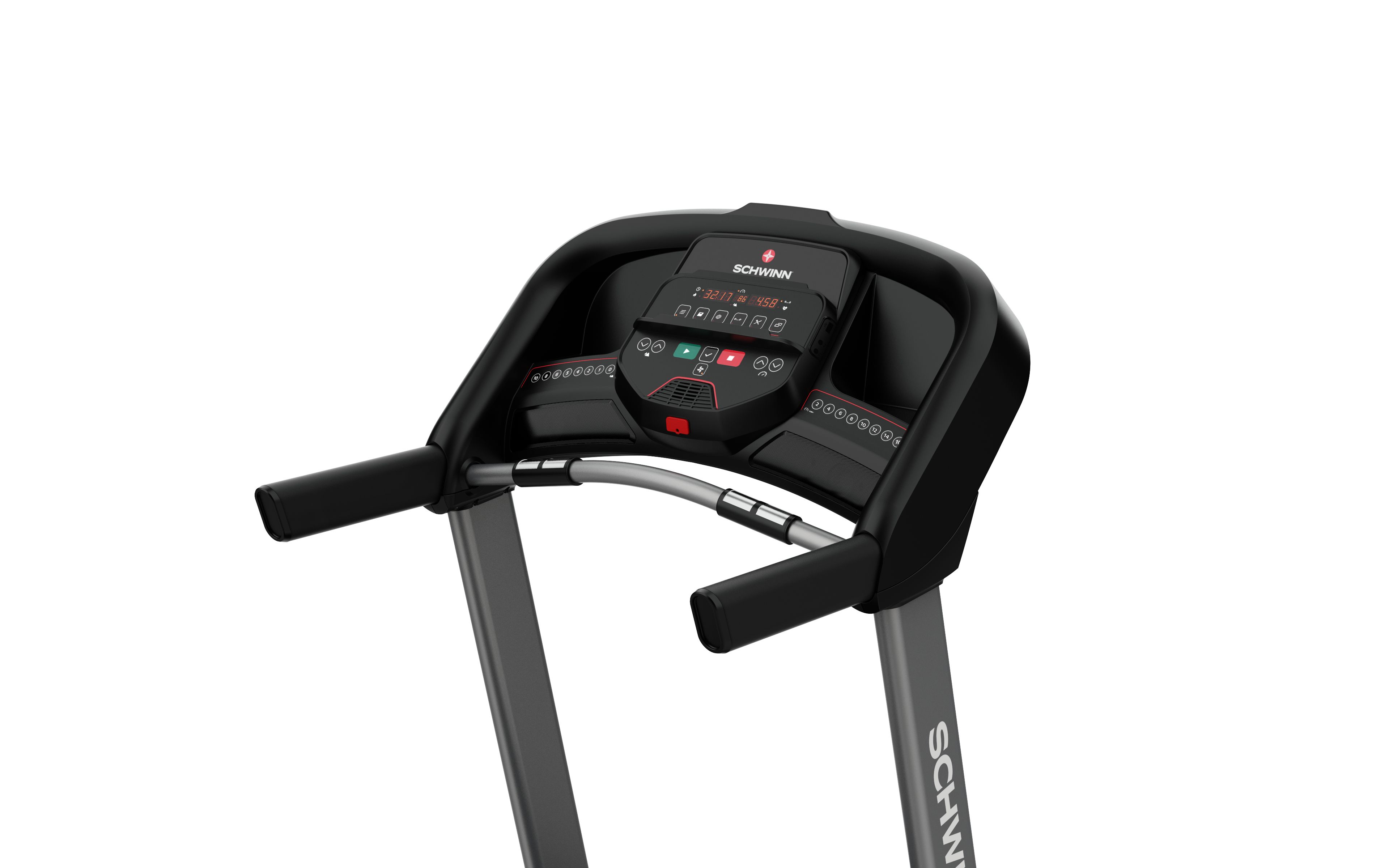 Nahaufnahme der Konsole eines Laufbands. Schwarzes Bedienfeld mit Display und Knöpfen. Schwinn-Logo.