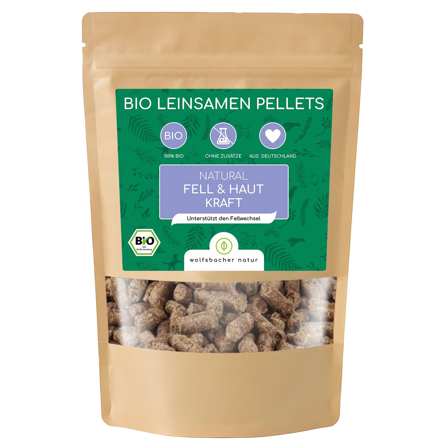 Beutel mit Pellets. Sichtfenster zeigt braune Pellets. Text: BIO Leinsamen Pellets, Natural Fell & Haut Kraft, BIO-Siegel.