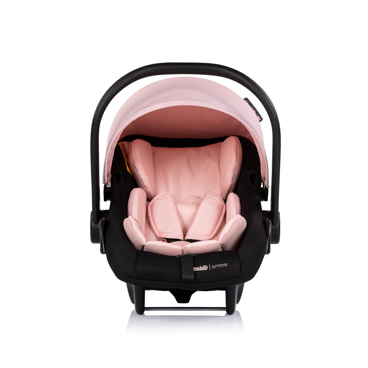 Baby-Autositzschale in Schwarz mit rosafarbener Einlage und Verdeck.