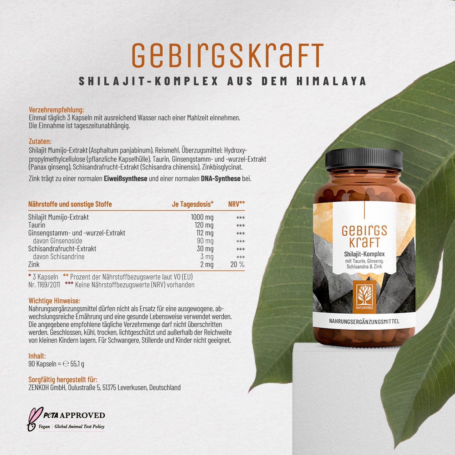 Braune Flasche mit GEBIRGSKRAFT. Shilajit-Komplex. Inhaltsstoffe und Verzehrempfehlung. PETA-Logo.