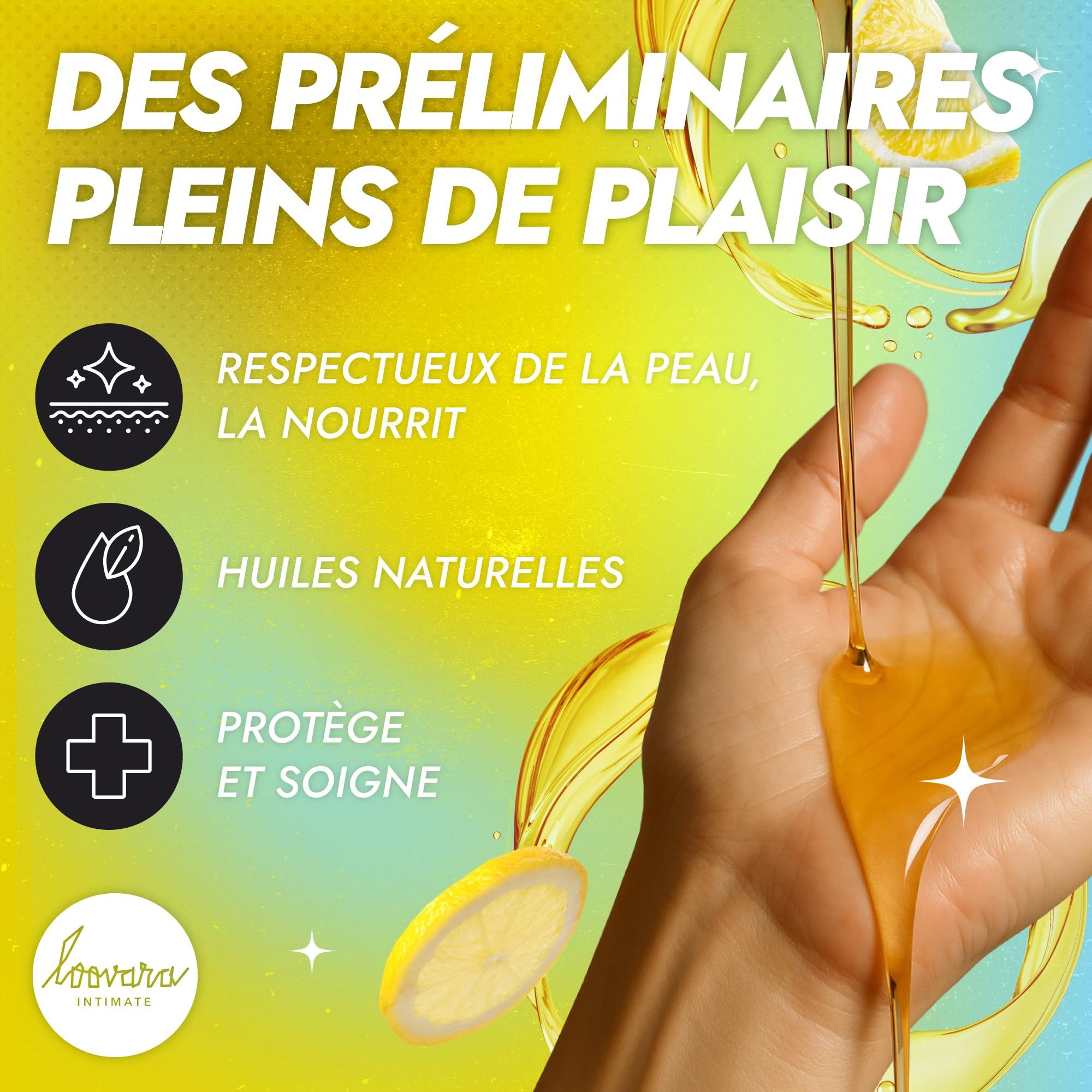 Hand mit Loovara Lemon Squeeze Massageöl, umgeben von Ölspritzern und Zitronenscheiben.
