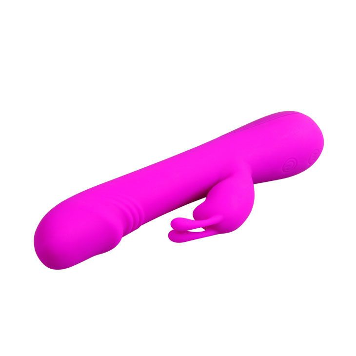 Pinkfarbener Vibrator mit Kaninchenohren-Design. Silikon-Material, längliche Form.