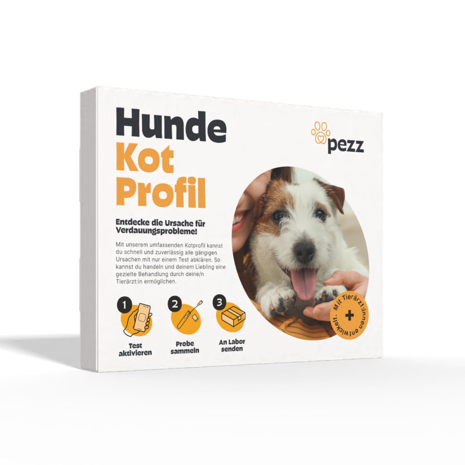 Pezz Kotprofil für Hunde. Karton mit Text und Abbildungen. Logo Pezz. Hund auf dem Karton abgebildet.