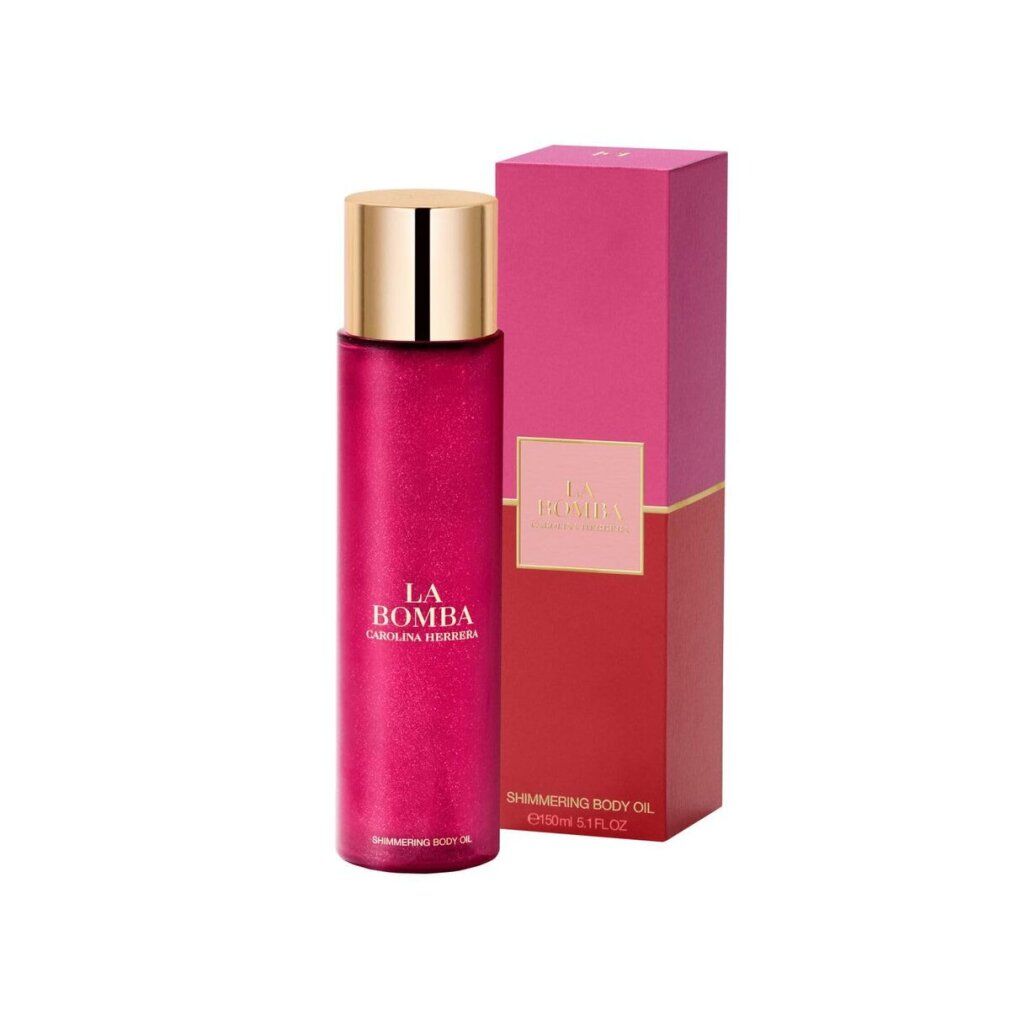Rote Flasche mit goldenem Deckel und Verpackung. Aufschrift: LA BOMBA CAROLINA HERRERA. Text: SHIMMERING BODY OIL.