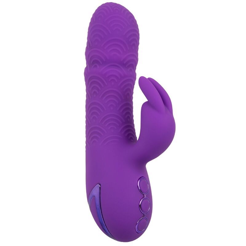 Lila Vibrator mit Hasenohren. Oberteil mit wellenförmigem Muster. Drei Knöpfe unten.