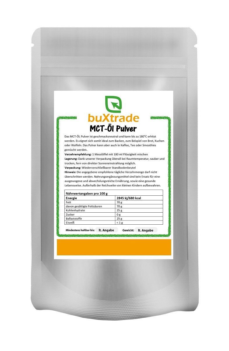 Beutel mit MCT-Öl Pulver. Aufschrift: buXtrade MCT-Öl Pulver. Nährwertangaben auf grünem Hintergrund. Wiederverschließbar.