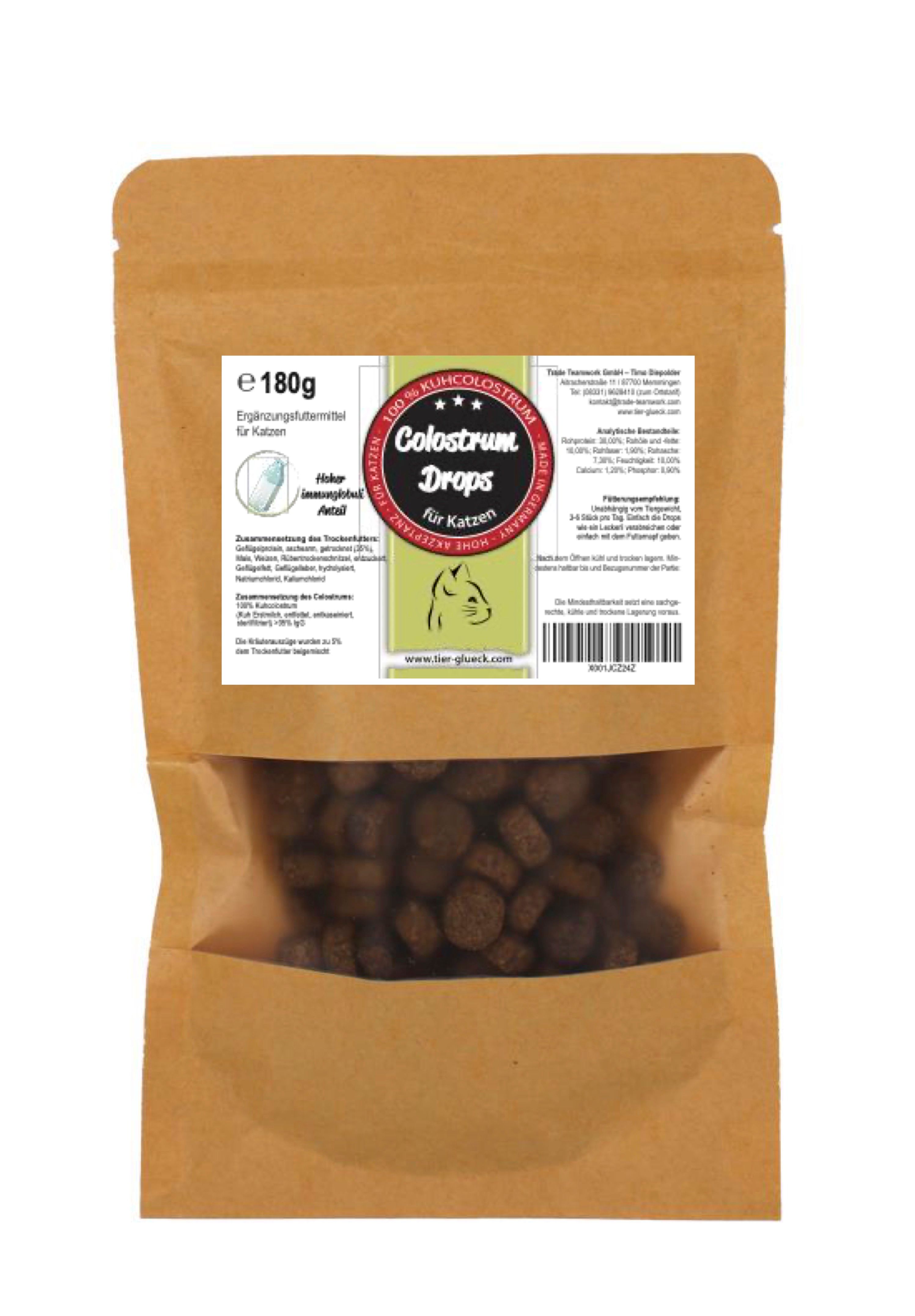 TierGlück Colostrum Drops mit Immunglobulline G und Kuhcolostrum für Katzen 180 g Futter