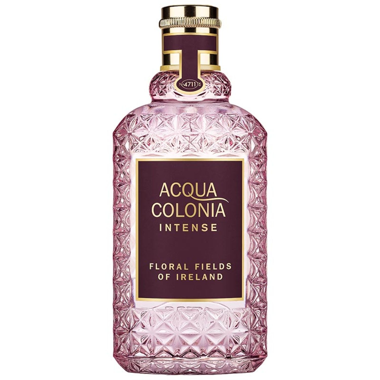 Rosa Flakon von Acqua Colonia Intense Floral Fields of Ireland. Mit goldfarbenem Verschluss und dunkelrotem Etikett.