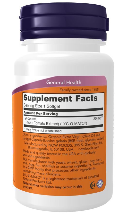 Rückseite der Flasche. Etikett mit Nährwertangaben und Inhaltsstoffen. Text: Lycopene, 20 mg, Now Foods, USA.