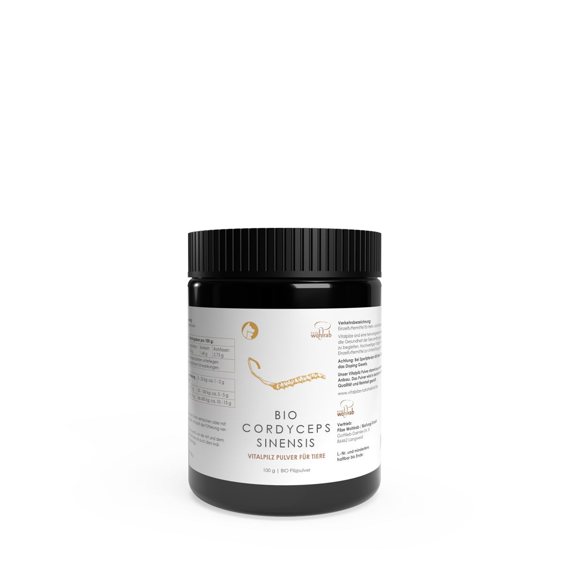 Schwarze Dose mit weißem Etikett. Aufschrift: BIO CORDYCEPS SINENSIS. Vitalpulver für Tiere.