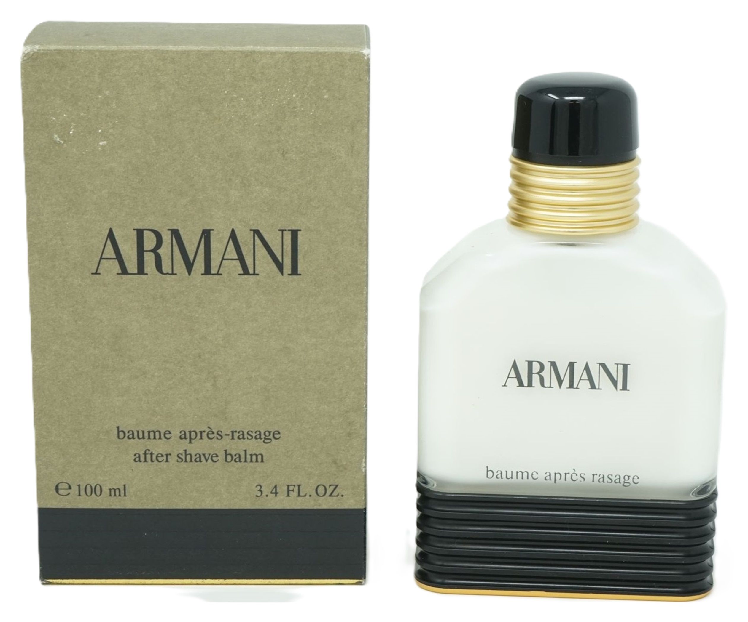 Giorgio Armani Aftershave Balsam. Flakon und Verpackung. Aufschrift ARMANI. Schwarzer Deckel, goldener Ring, schwarzer Sockel.