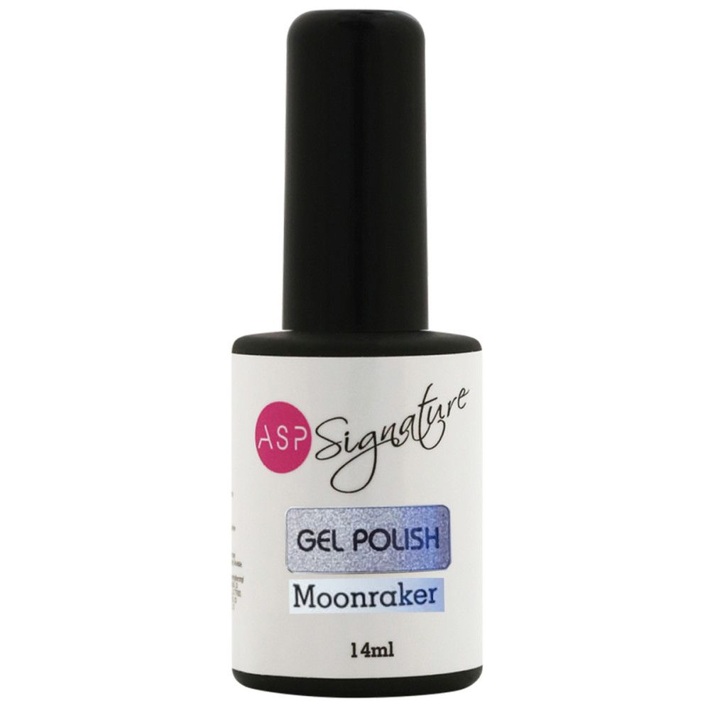 Nagellackflasche mit schwarzem Deckel. Auf dem Etikett steht "ASP Signature Gel Polish Moonraker 14ml".