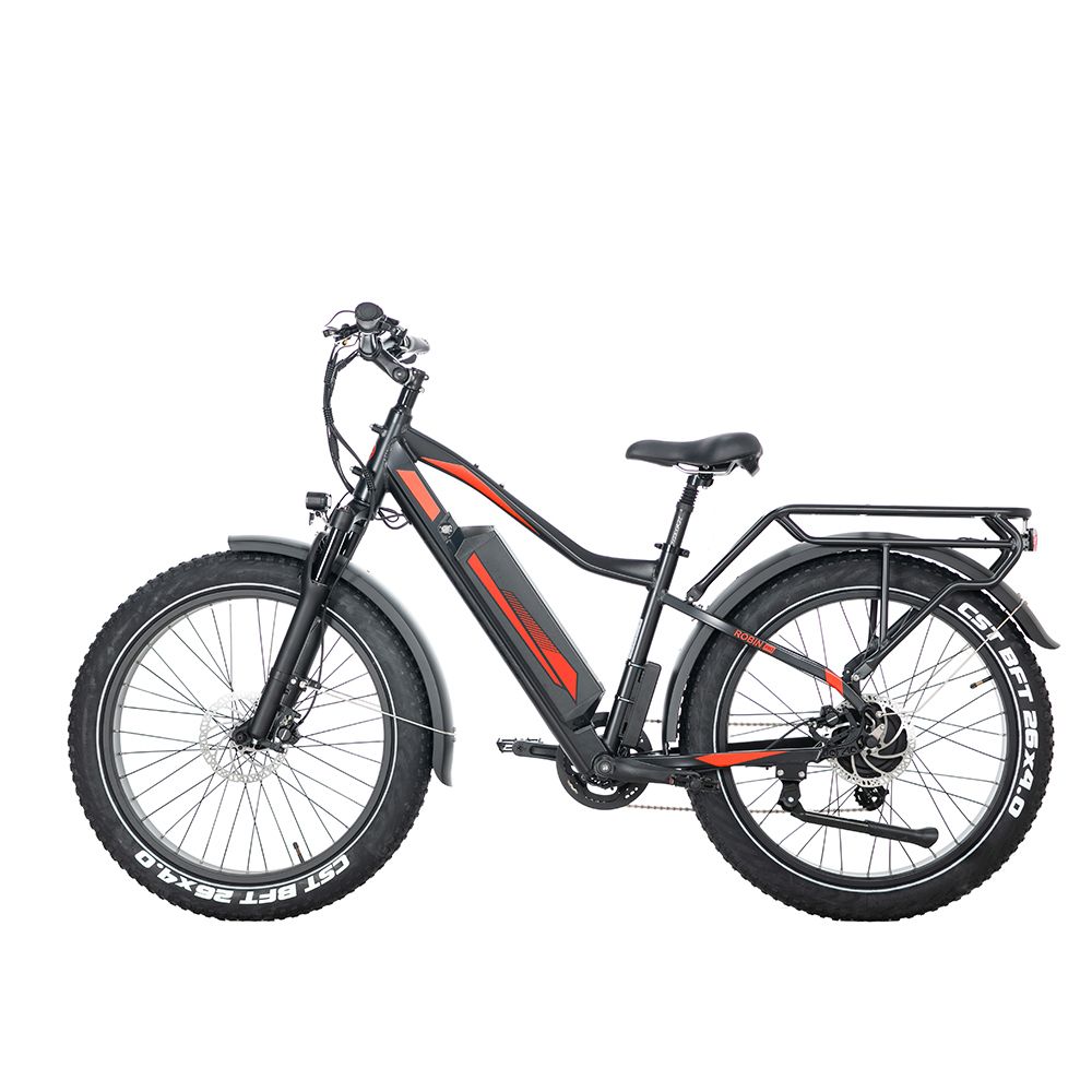 Schwarzes E-Mountainbike, Seitenansicht. Rote Akzente, breite Reifen, Gepäckträger. Sichtbar: Shimano-Schaltung.