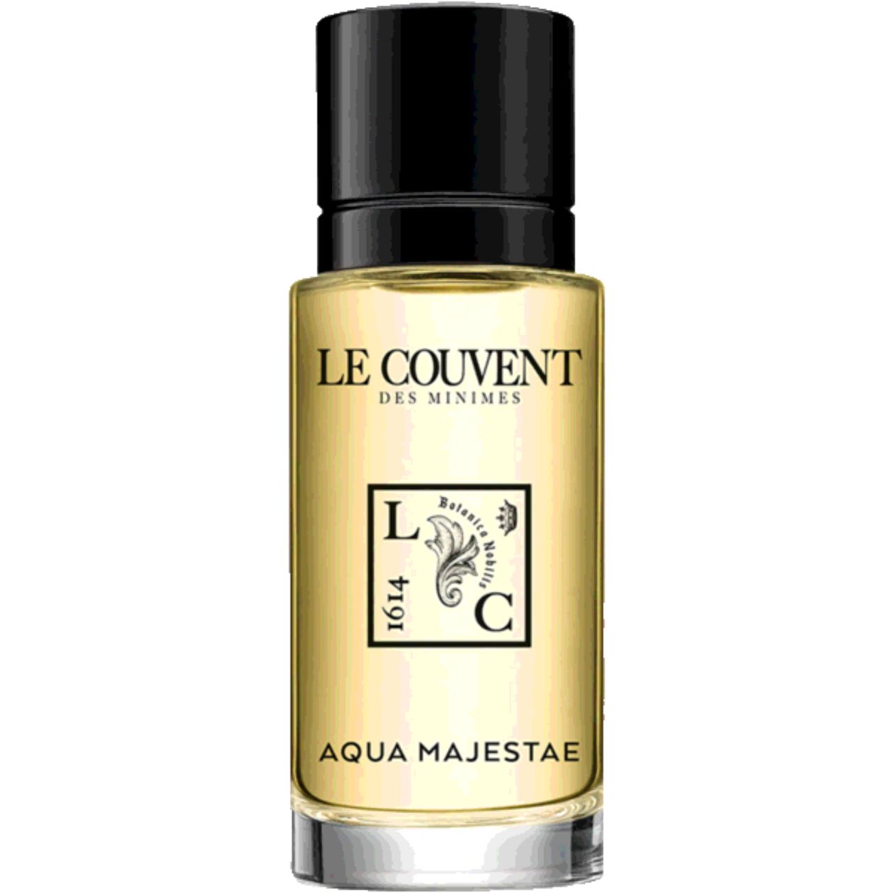 Aqua Majestae Flakon mit schwarzem Deckel. Gelbe Flüssigkeit im Glasflakon. Produktname und Logo auf dem Etikett.