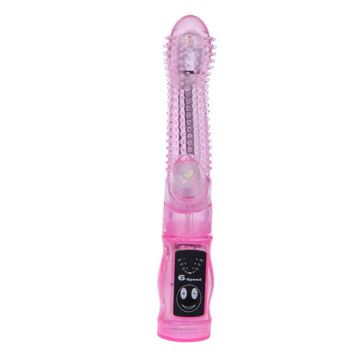 Rosa Vibrator mit geriffelter Oberfläche und seitlichem Element. 6-Speed-Anzeige mit Smiley.