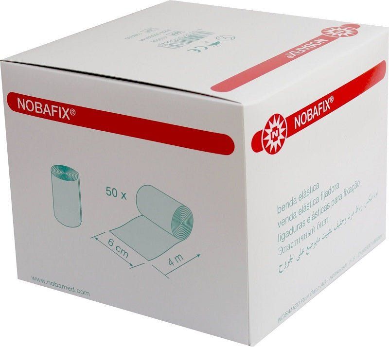 Weiße Kartonverpackung mit roter Schrift und Logo. Zeigt eine Abbildung von Fixierbinden. Beschriftung: NOBAFIX, 50 Stück, 6 cm x 4 m.