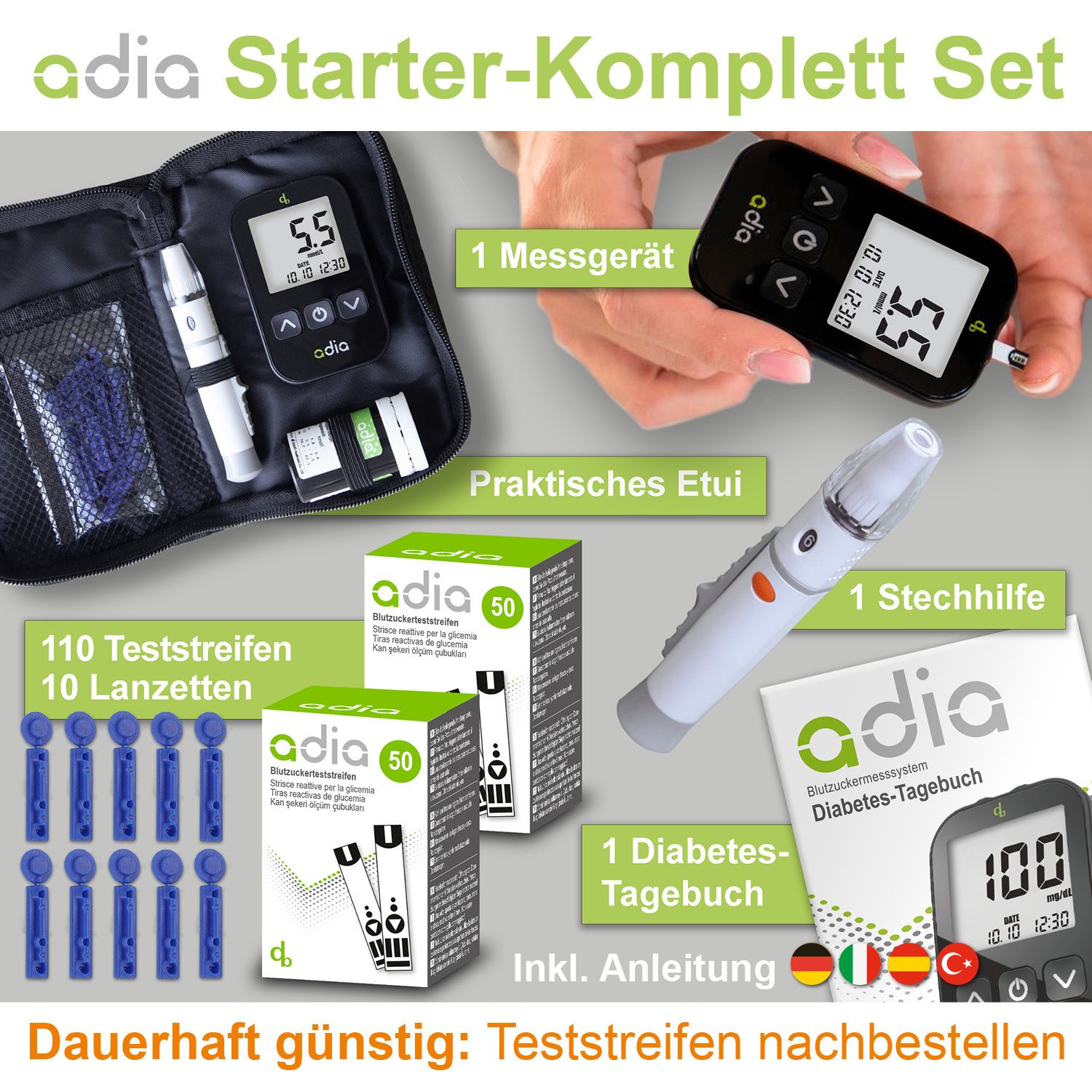 adia Set: Blutzuckermessgerät (mmol/L) + 110 Teststreifen