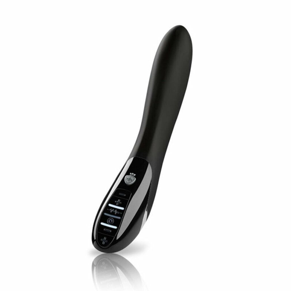 Schwarzes Wellness-Produkt mit Bedienfeld. Form: gebogen. Marke nicht sichtbar.