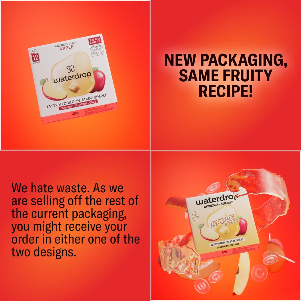 Verpackung von waterdrop® Microdrink Apfel, "New Packaging, Same Fruity Recipe!".