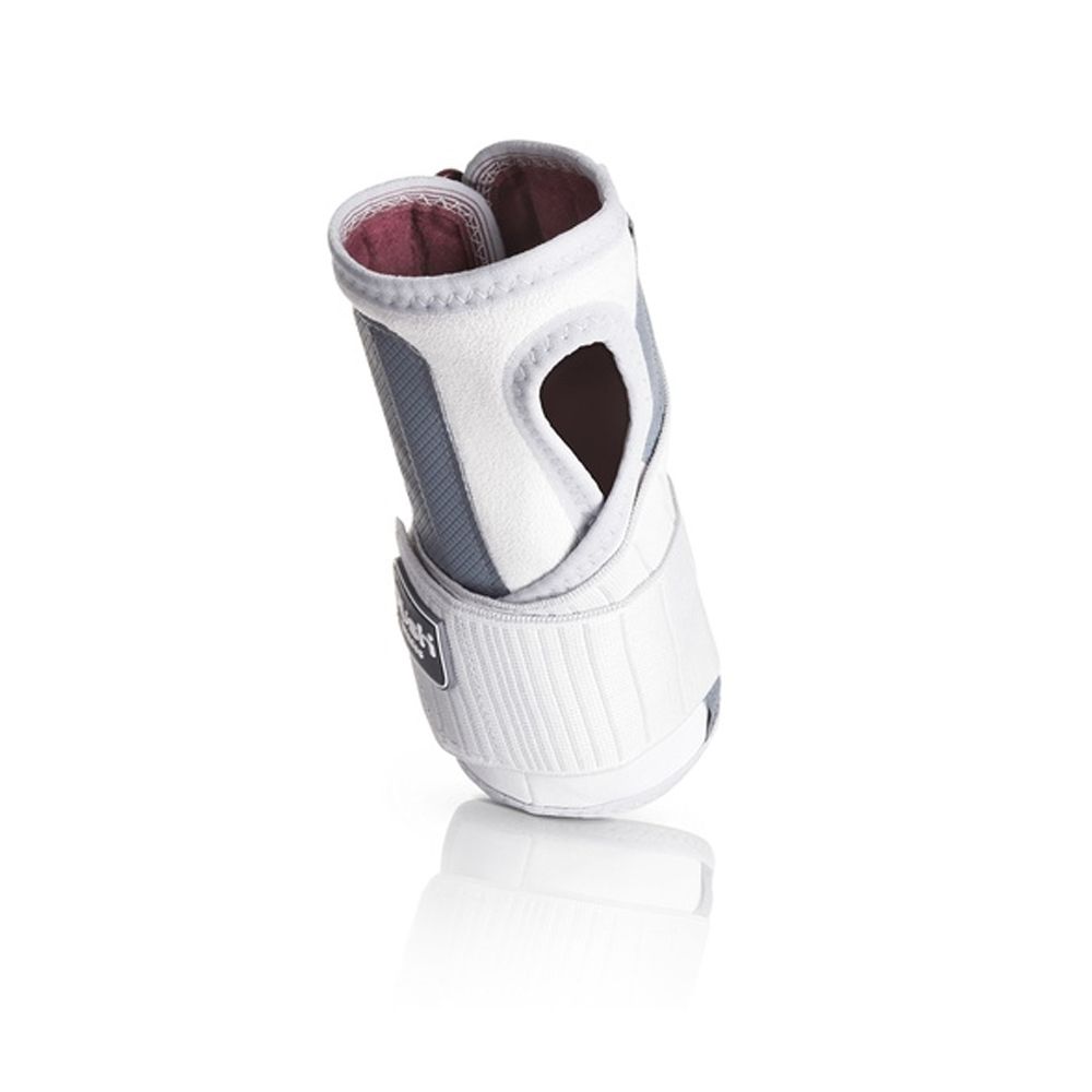 Handgelenkbandage, weiß-grau, mit Klettverschluss. Innenfutter rot. Offenes Design. Blick von oben.
