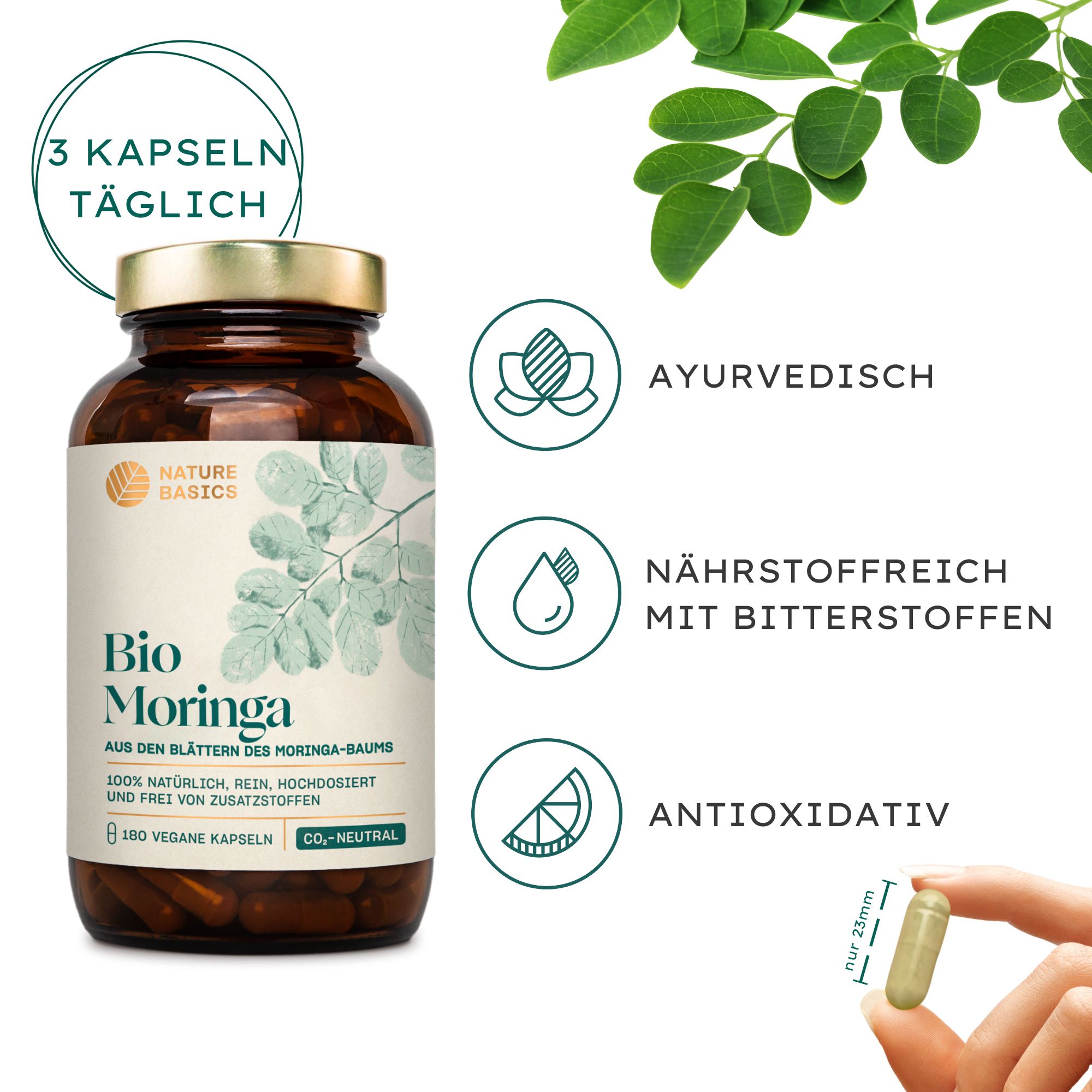 Braune Glasflasche mit Kapseln. Aufschrift: Bio Moringa. Zusätzliche Informationen: ayurvedisch, nährstoffreich, antioxidativ. Eine Kapsel wird gehalten.