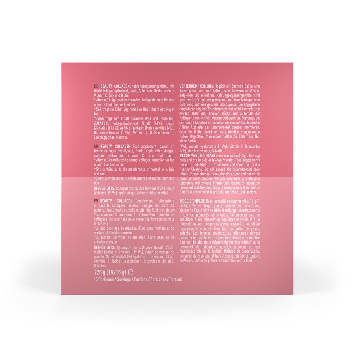 Rosa Schachtel mit Text. Vorder- und Rückseite mit Informationen. 15 Portionen.