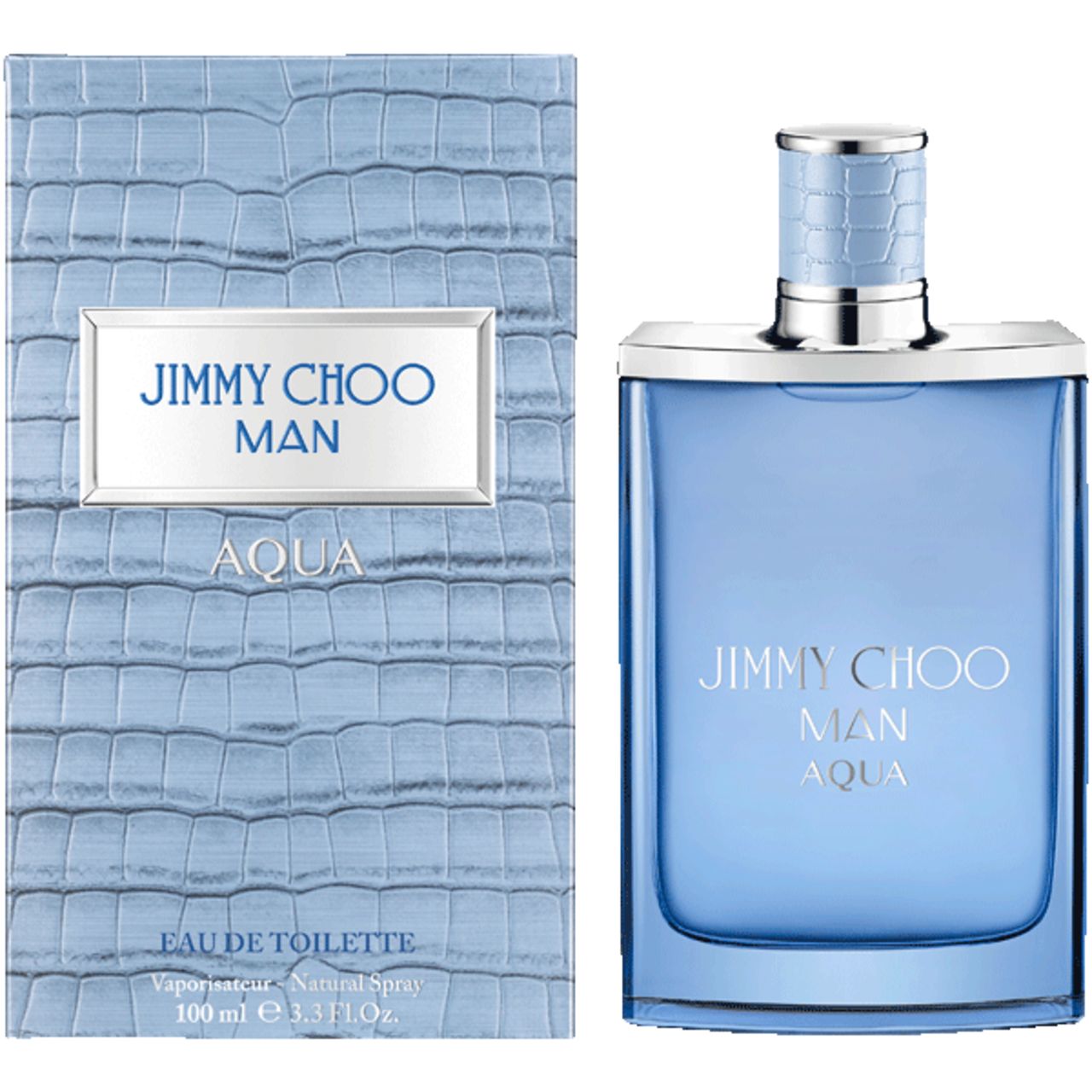 Hellblaues Parfümflakon und Verpackung. Aufschrift: JIMMY CHOO MAN AQUA. Verpackung mit Krokodilmuster.