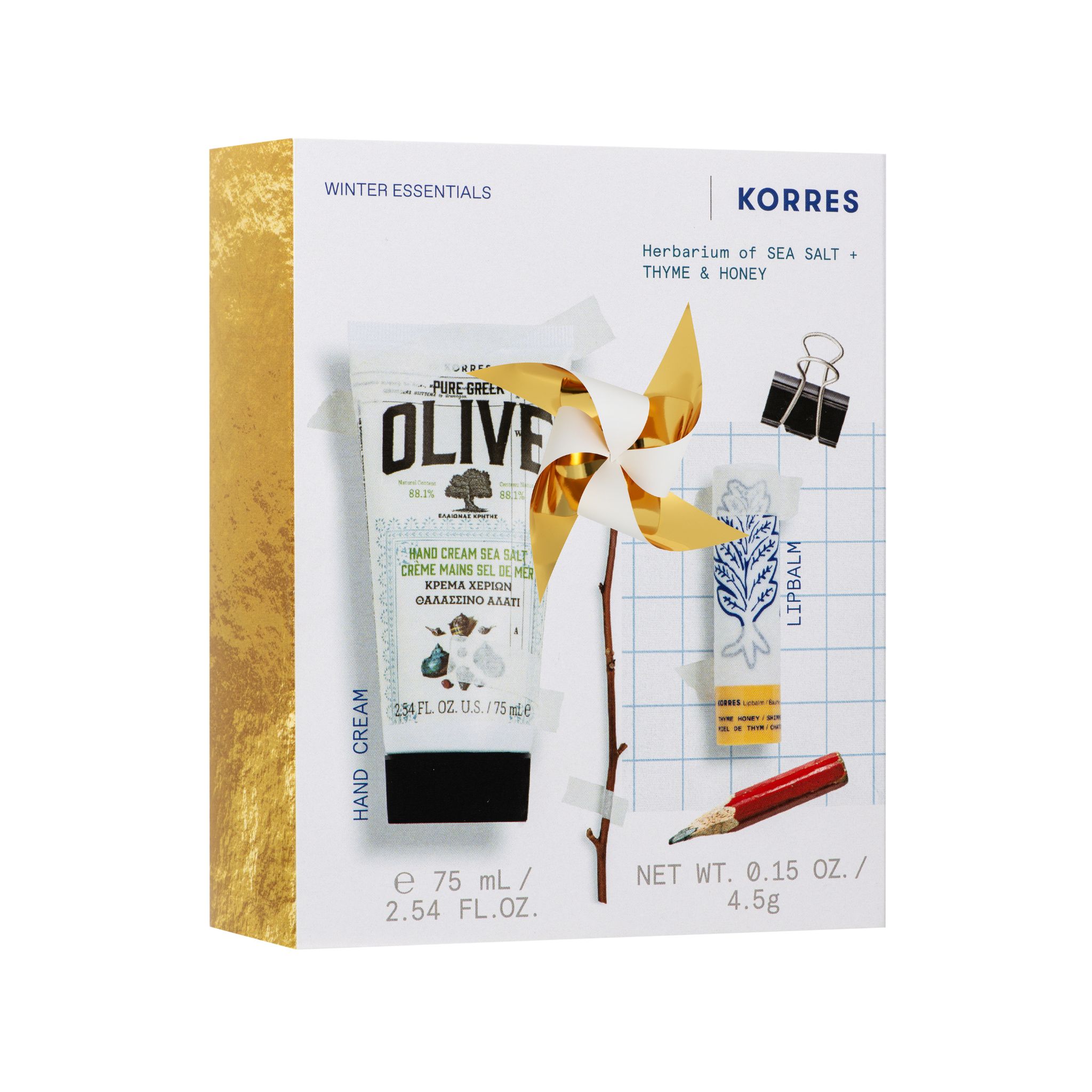 Geschenkset mit Handcreme und Lippenbalsam. Verpackung mit goldener Seite. Handcreme-Tube mit Olive-Logo.