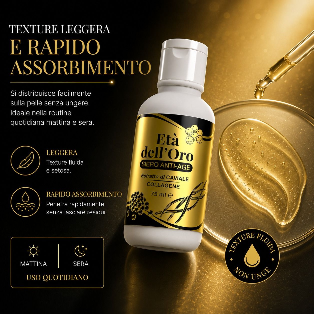 Leichte Textur eines Anti-Aging-Serums mit Kollagen und Kaviar, schnell einziehend.