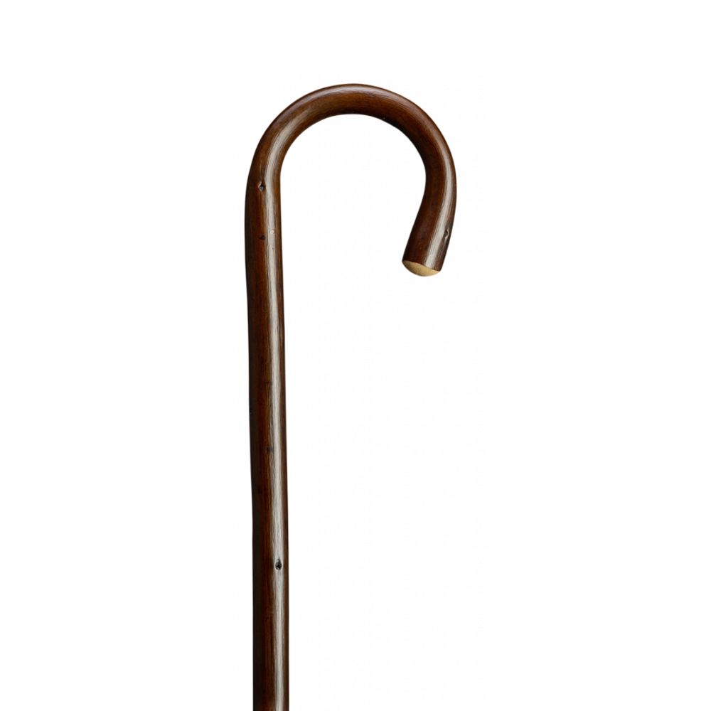 Gehstock aus dunklem Holz mit gebogenem Griff. Der Stock ist glatt und poliert.