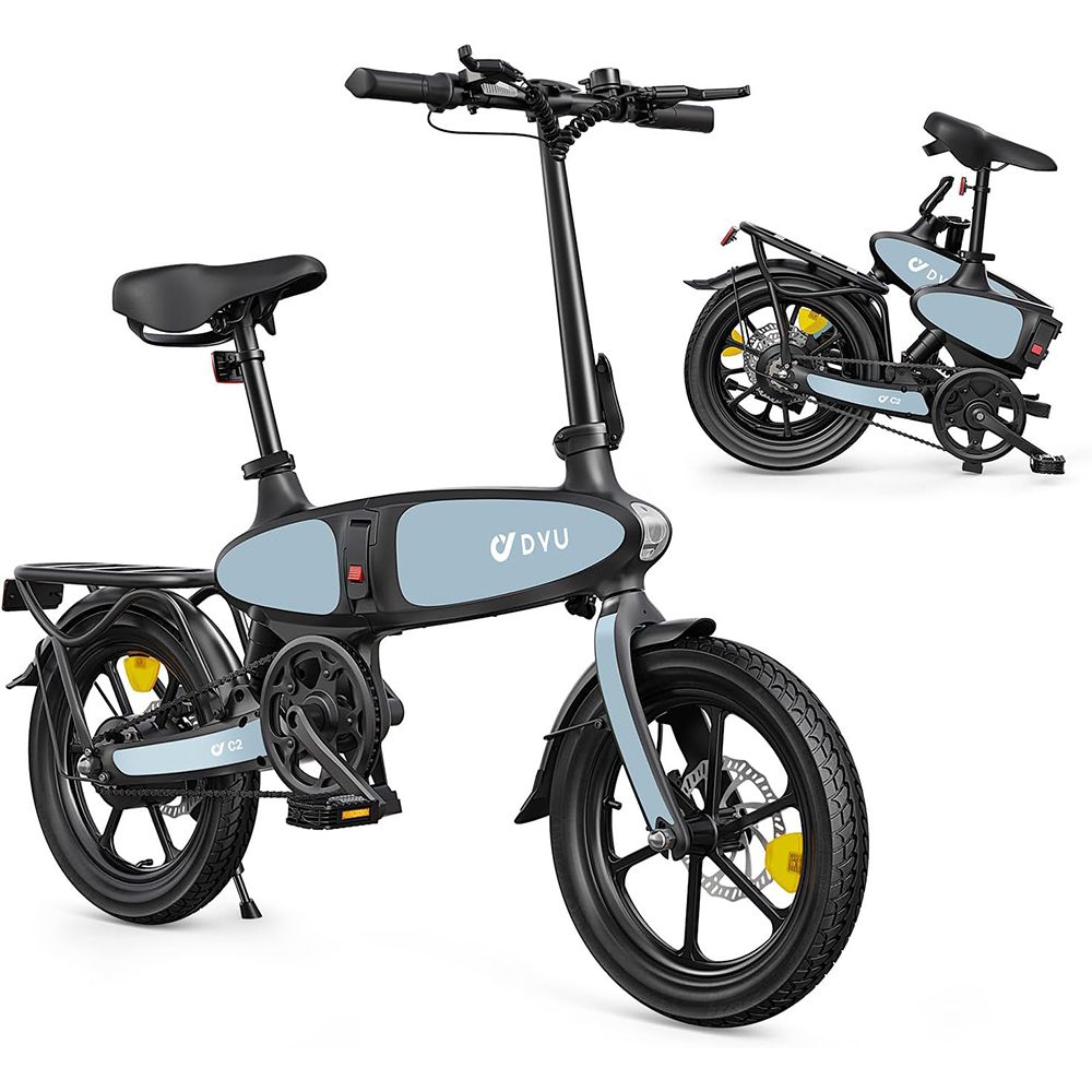 Faltbares E-Bike, hellblau-schwarz, mit DYU-Logo. Ein zweites, gefaltetes Fahrrad ist im Hintergrund zu sehen.