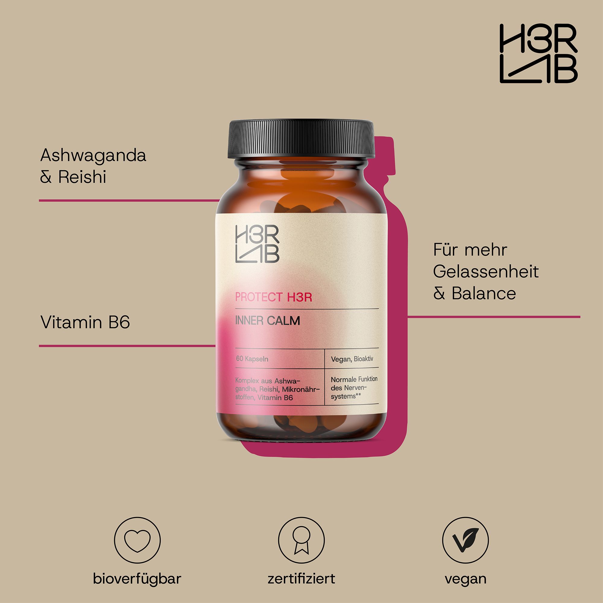 H3R LAB Inner Calm – Ashwagandha & Reishi mit Vitamin B6 & Pantothensäure, vegan – 60 Kapseln