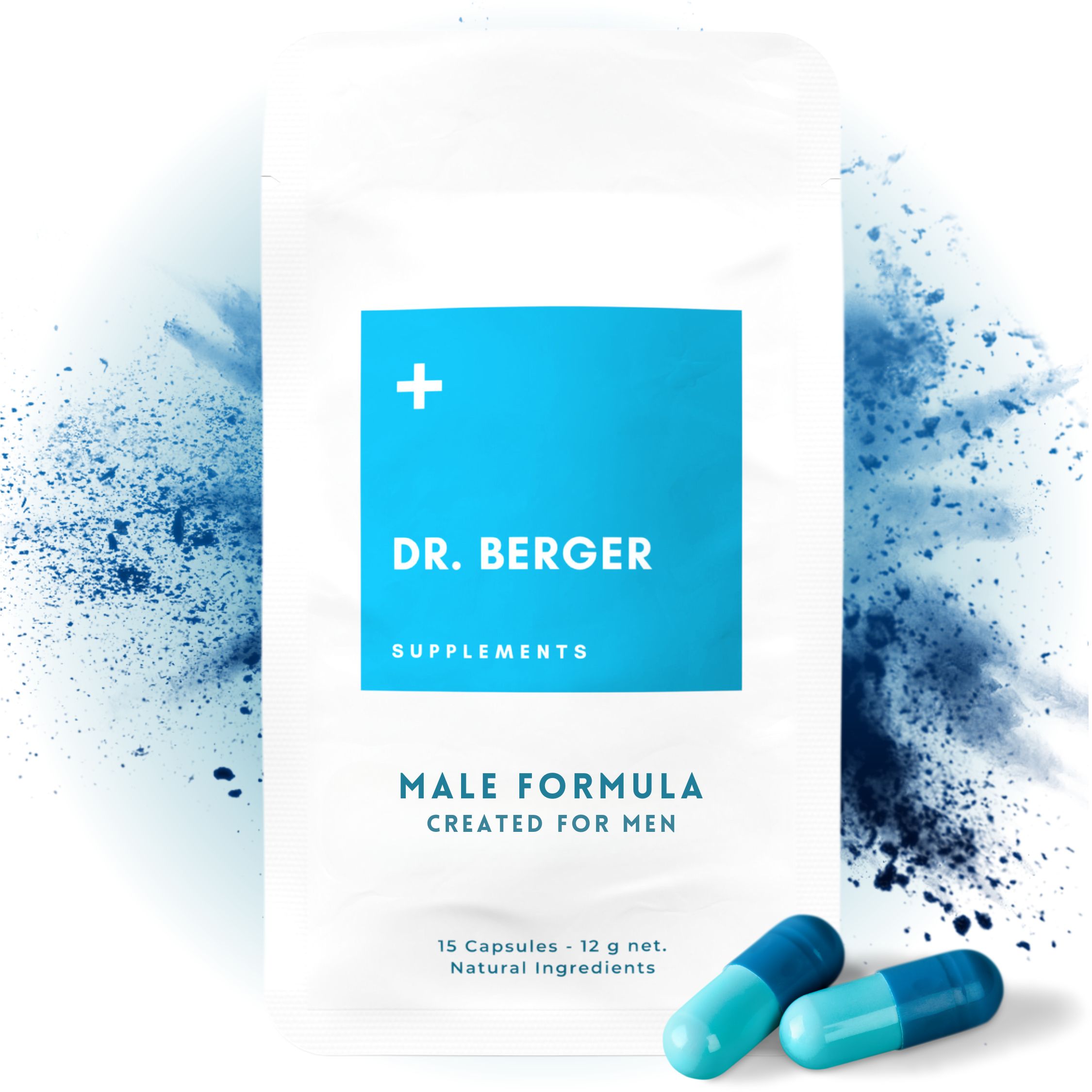 Sachet de gélules. Inscription : DR. BERGER, MALE FORMULA. Deux gélules à côté.