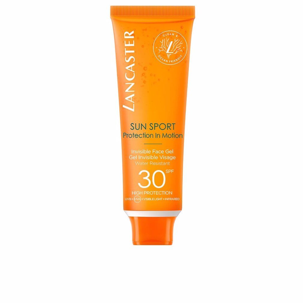Orange Tube Lancaster Sun Sport Invisible Face Gel SPF30. Vegan-Formel. Wasserfest.