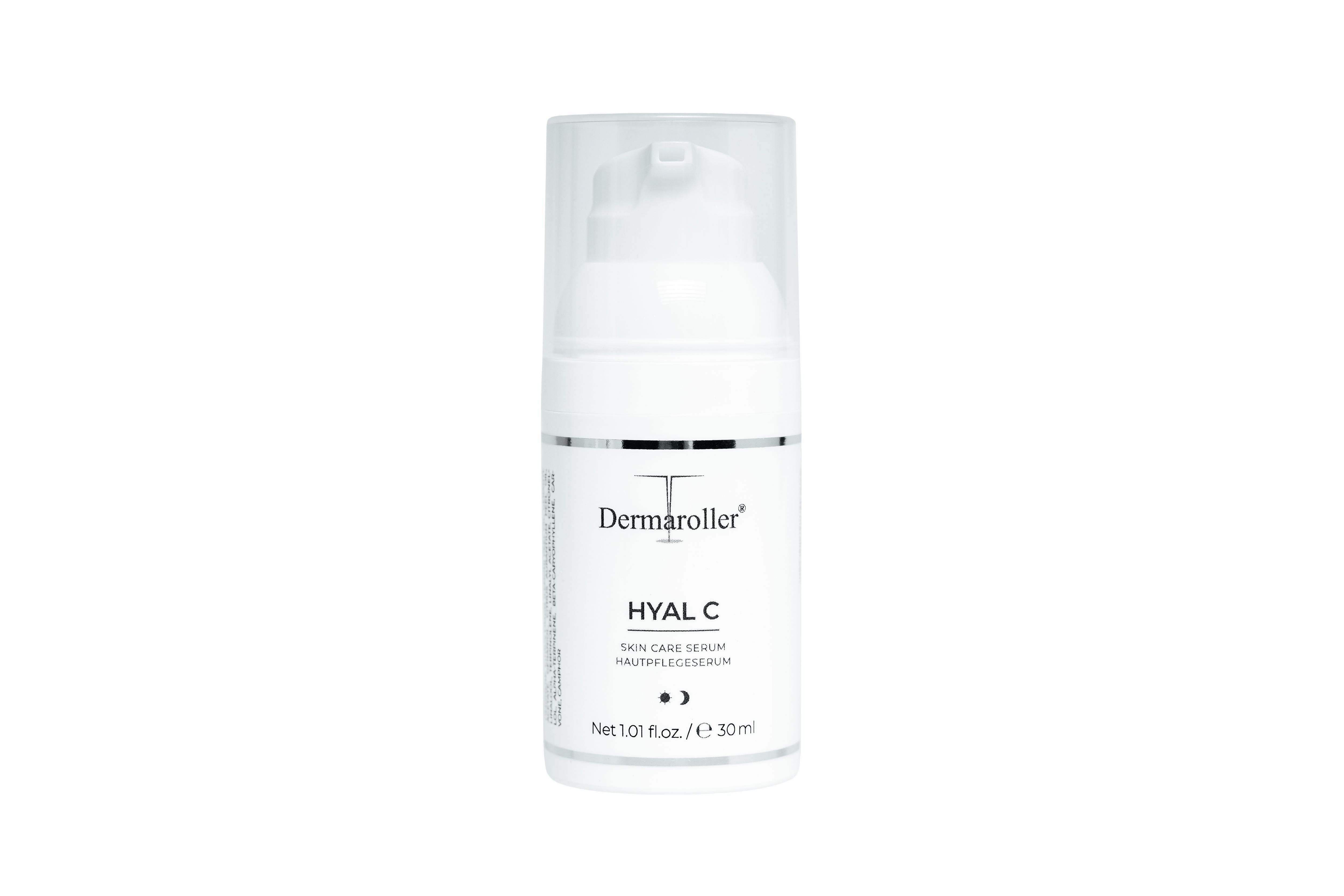 Dermaroller Hyal C Serum Flasche mit Pumpspender.